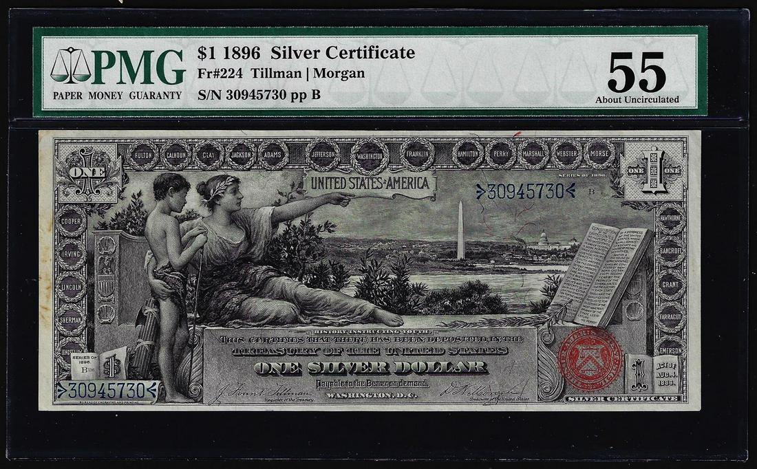 1896 $1 Educational Silver Certificate Note Fr.224 PMG: One 1896 $1 Educational Silver Certificate Note Fr.224 PMG About Uncirculated 55. PMG Certified.