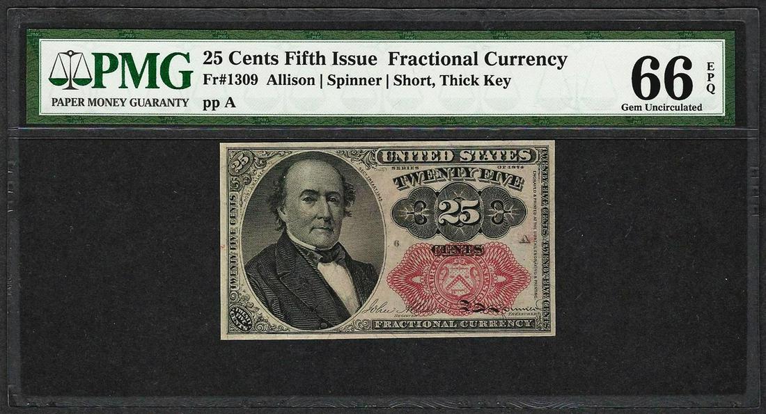 1874 25 Cent Fifth Issue Fractional Currency Note: One 1874 25 Cent Fifth Issue Fractional Currency Note Fr.1309 PMG Gem Uncirculated 66EPQ. PMG Certified.
