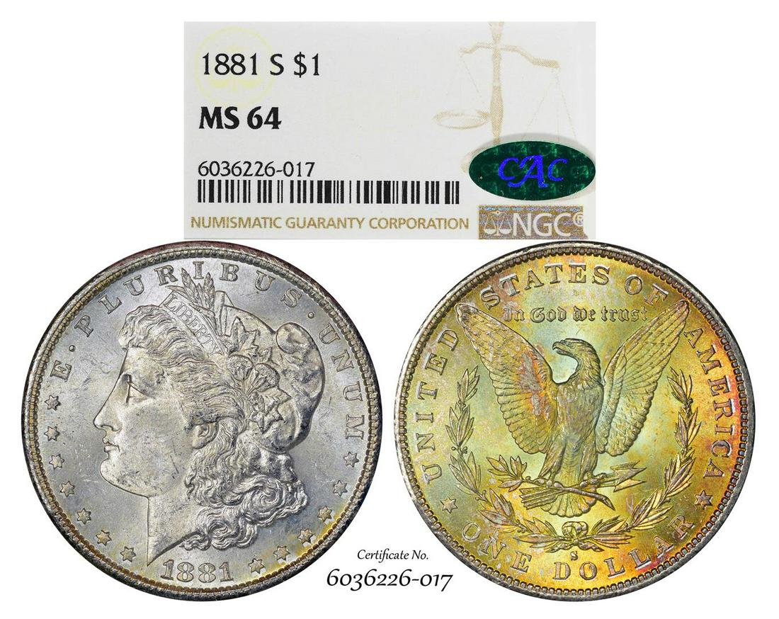 1881-S $1 Morgan Silver Dollar Coin NGC MS64 CAC: One 1881-S $1 Morgan Silver Dollar Coin NGC MS64 CAC Amazing Toning. NGC Certified.