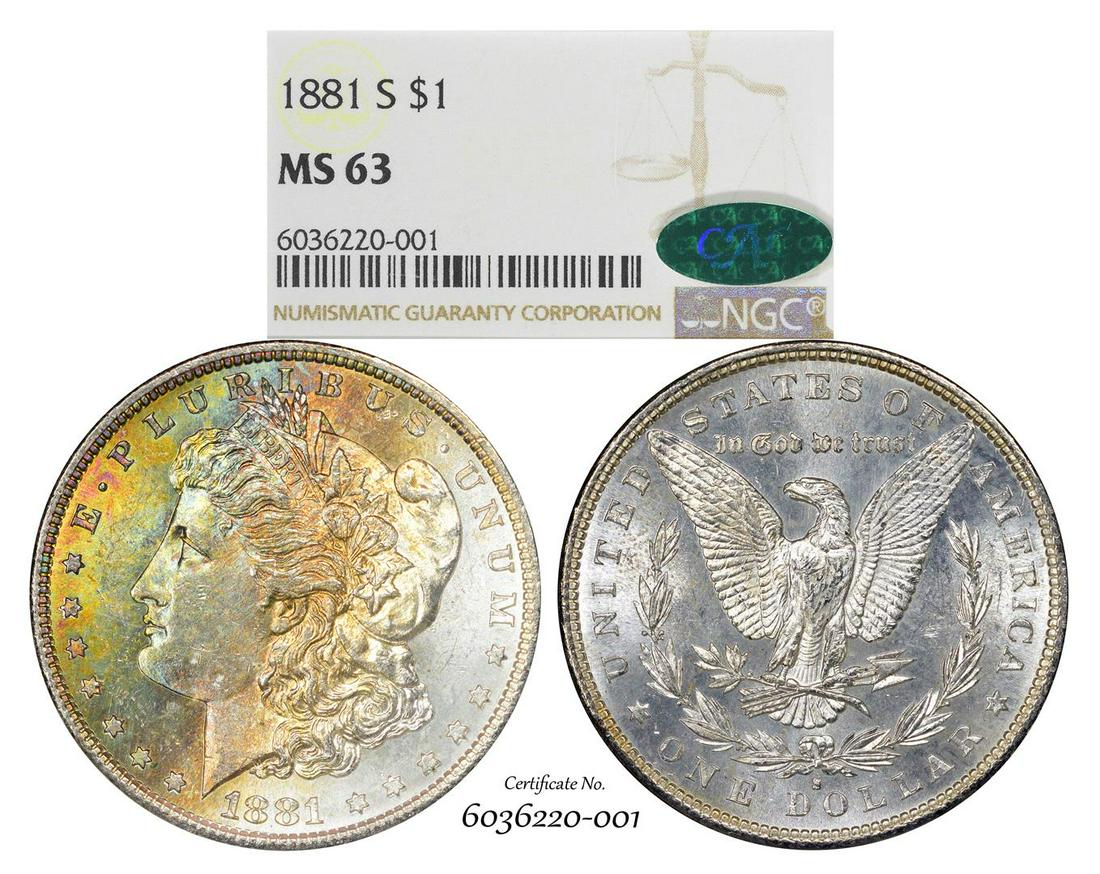 1881-S $1 Morgan Silver Dollar Coin NGC MS63 CAC: One 1881-S $1 Morgan Silver Dollar Coin NGC MS63 CAC Amazing Toning. NGC Certified.