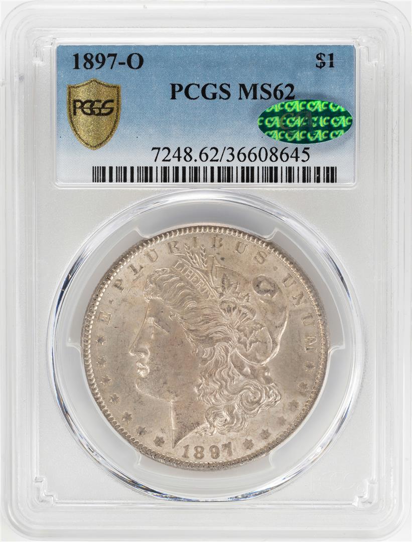 1897-O $1 Morgan Silver Dollar Coin PCGS MS62 CAC: One 1897-O $1 Morgan Silver Dollar Coin PCGS MS62 CAC. PCGS Graded.