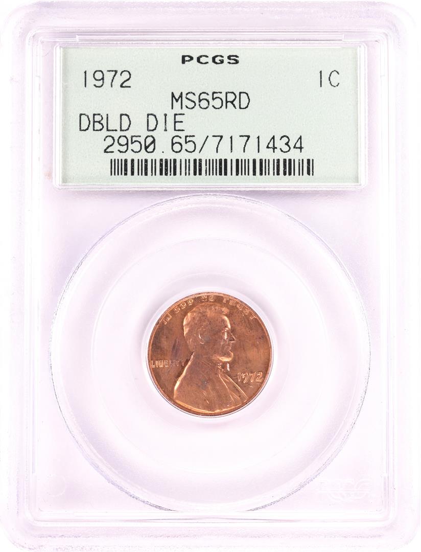 1972 Doubled Die Obverse Lincoln Memorial Cent Error: One 1972 Doubled Die Obverse Lincoln Memorial Cent Error Coin PCGS MS65RD Old Green Holder. PCGS Graded.