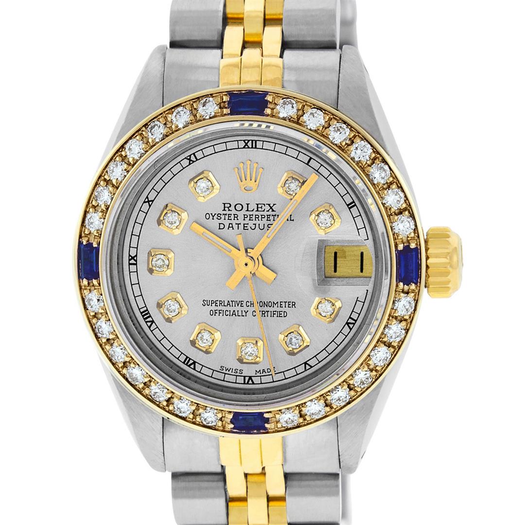 Rolex Ladies Two Tone Diamond & Sapphire 26MM Oyster: One Ladies Two Tone Rolex Datejust Polished, Serviced & Electronically Tested, Yellow Gold & Stainless Steel Case: 26mm, Yellow Gold Crown, Bezel: Yellow Gold Sapphire Beadset Diamond Bezel, Diamond C