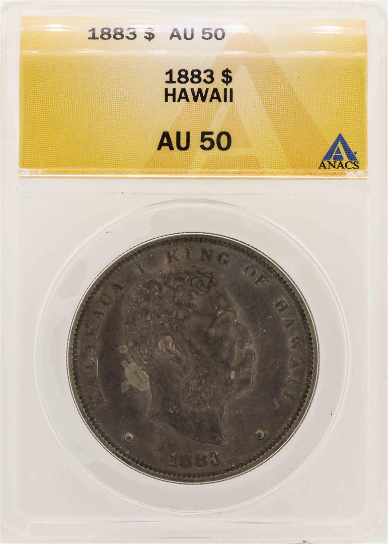 1883 $1 Kingdom of Hawaii Dollar Coin ANACS AU50: One 1883 $1 Kingdom of Hawaii Dollar Coin ANACS AU50. ANACS Certified.