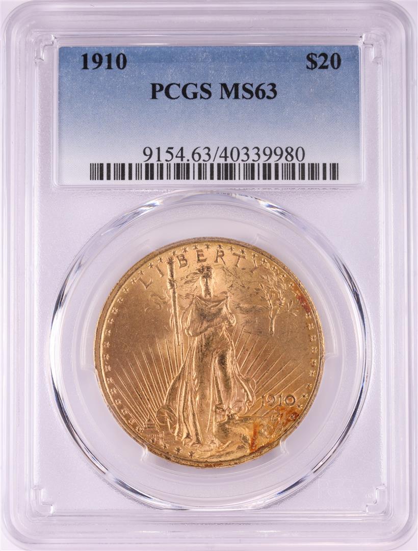 1910 $20 St. Gaudens Double Eagle Gold Coin PCGS MS63: One 1910 $20 St. Gaudens Double Eagle Gold Coin PCGS MS63. PCGS Graded.
