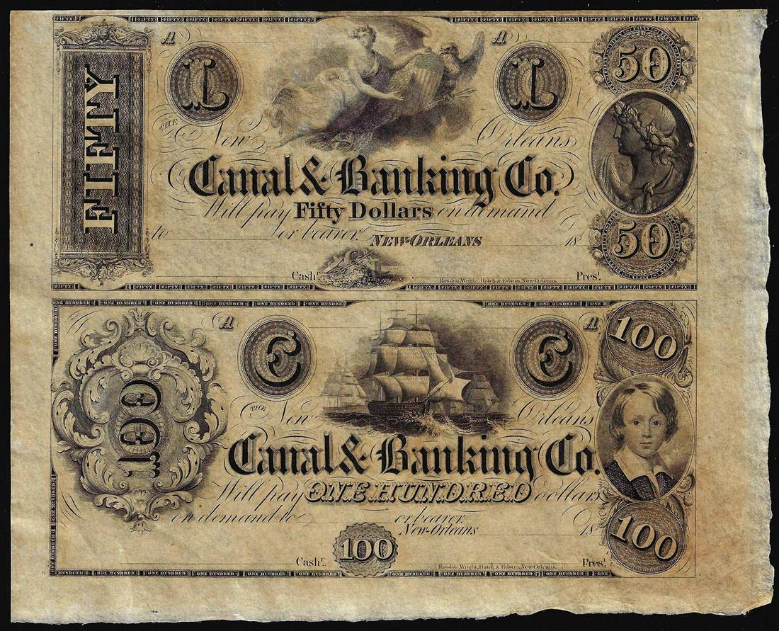 Half Sheet of 1800's $50 and $100 Canal Bank New: One Half Sheet of 1800's $50 and $100 Canal Bank New Orleans, Louisiana Obsolete Notes.