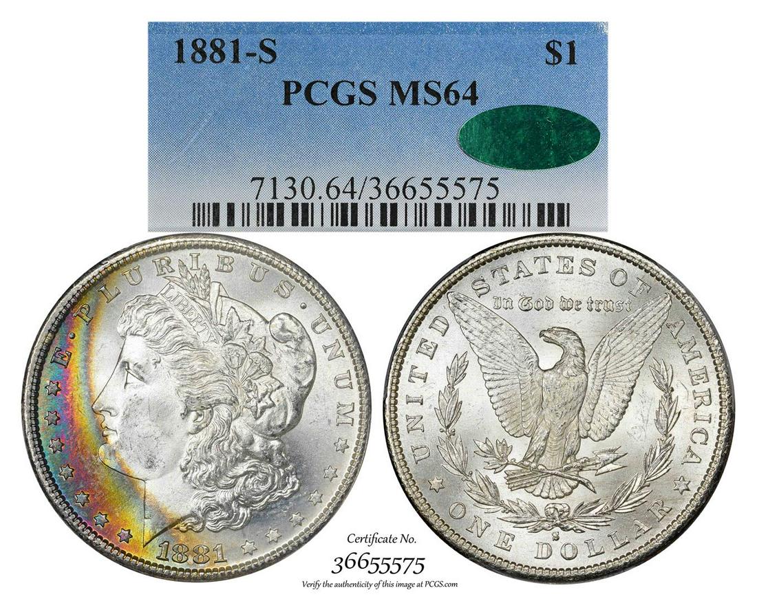 1881-S $1 Morgan Silver Dollar Coin PCGS MS64 CAC: One 1881-S $1 Morgan Silver Dollar Coin PCGS MS64 CAC Amazing Toning. PCGS Graded.