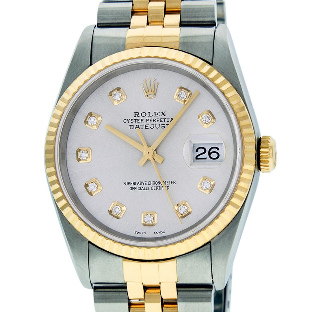 Rolex Men's Two Tone Steel & Gold Silver Diamond 36MM: One Men's Yellow Gold Two Tone Rolex Datejust Polished, Serviced & Electronically Tested, Yellow Gold & Stainless Steel Case: 36mm, Yellow Gold Crown, Bezel: Yellow Gold Fluted Bezel. Custom Crystal: