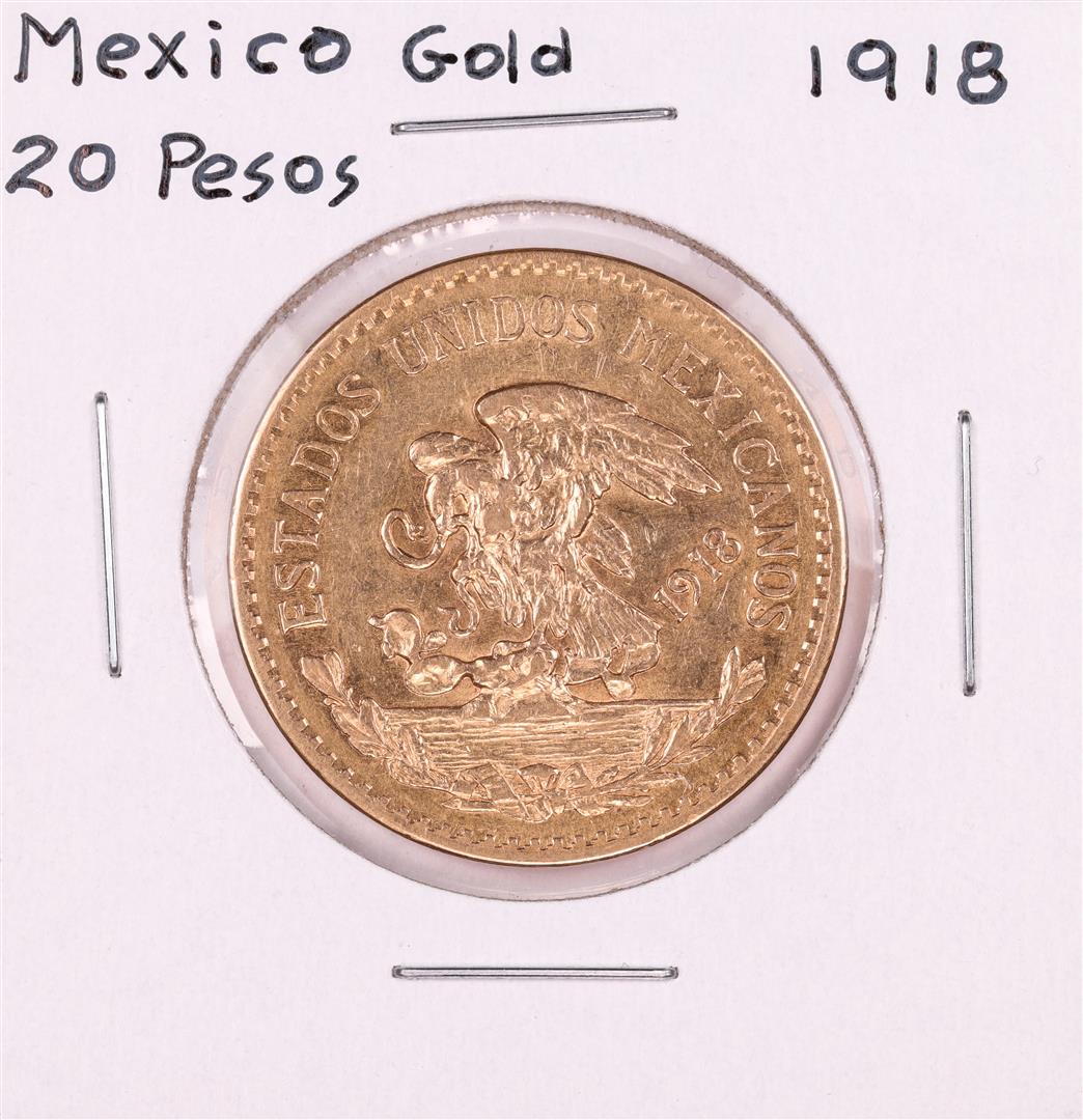 1918 Mexico 20 Pesos Gold Coin: One 1918 Mexico 20 Pesos Gold Coin.