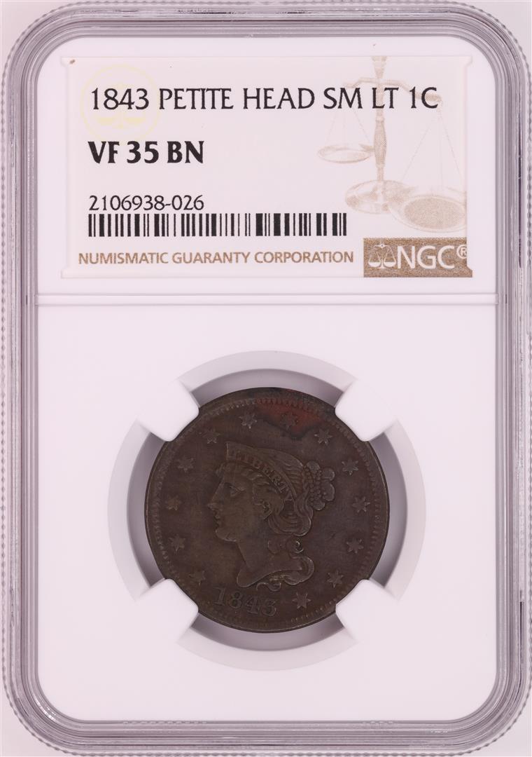 1843 Petite Head Small Letters Braided Hair Large Cent: One 1843 Petite Head Small Letters Braided Hair Large Cent Coin NGC VF35BN. NGC Certified.