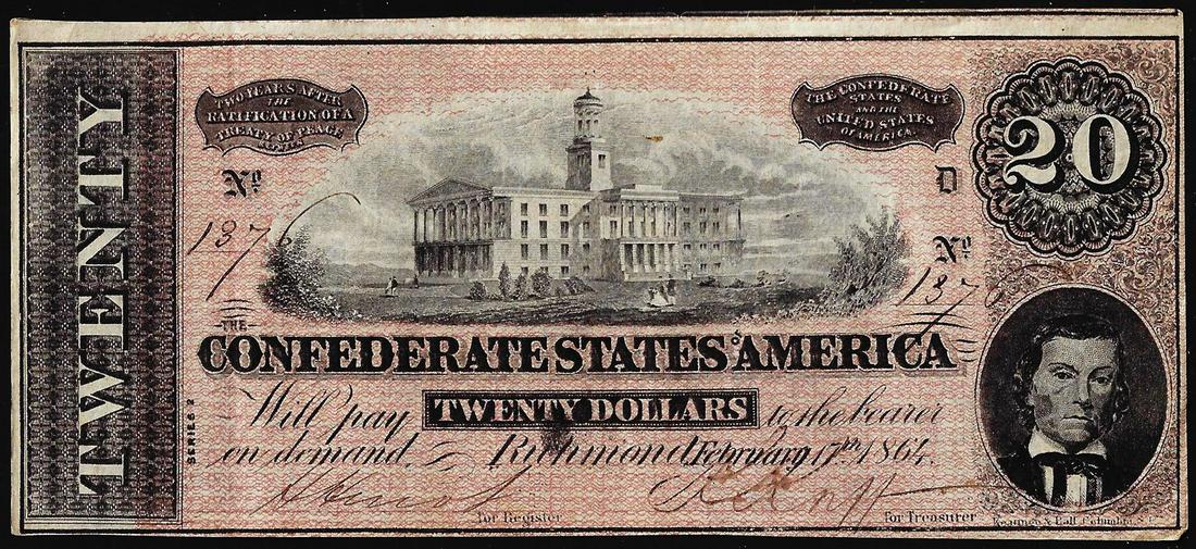 1864 $20 Confederate States of America Note: One 1864 $20 Confederate States of America Note.