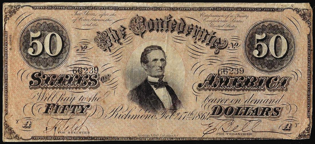 1864 $50 Confederate States of America Note: One 1864 $50 Confederate States of America Note.