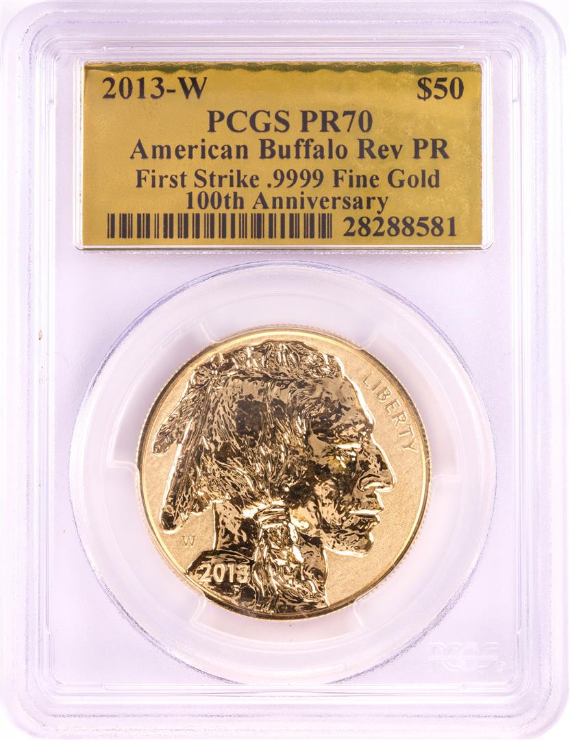 2013-W Reverse Proof $50 American Buffalo Gold Coin: One 2013-W Reverse Proof $50 American Buffalo Gold Coin PCGS PR70 Gold Foil First Strike. PCGS Graded.