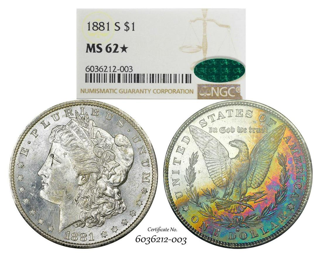 1881-S $1 Morgan Silver Dollar Coin NGC MS62* Star CAC: One 1881-S $1 Morgan Silver Dollar Coin NGC MS62* Star CAC Amazing Toning. NGC Certified.