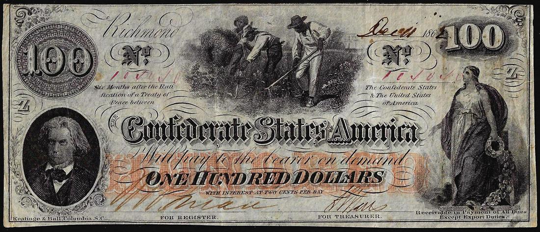 1862 $100 Confederate States of America Note: One 1862 $100 Confederate States of America Note.