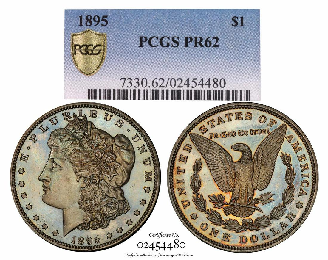 1895 $1 Proof Morgan Silver Dollar Coin PCGS PR62: The 1895 holds a special place in the Morgan dollar series. The story goes that 12,000 circulation strikes were coined but never released, likely melted under the terms of the Pittman Act of 1918. Som