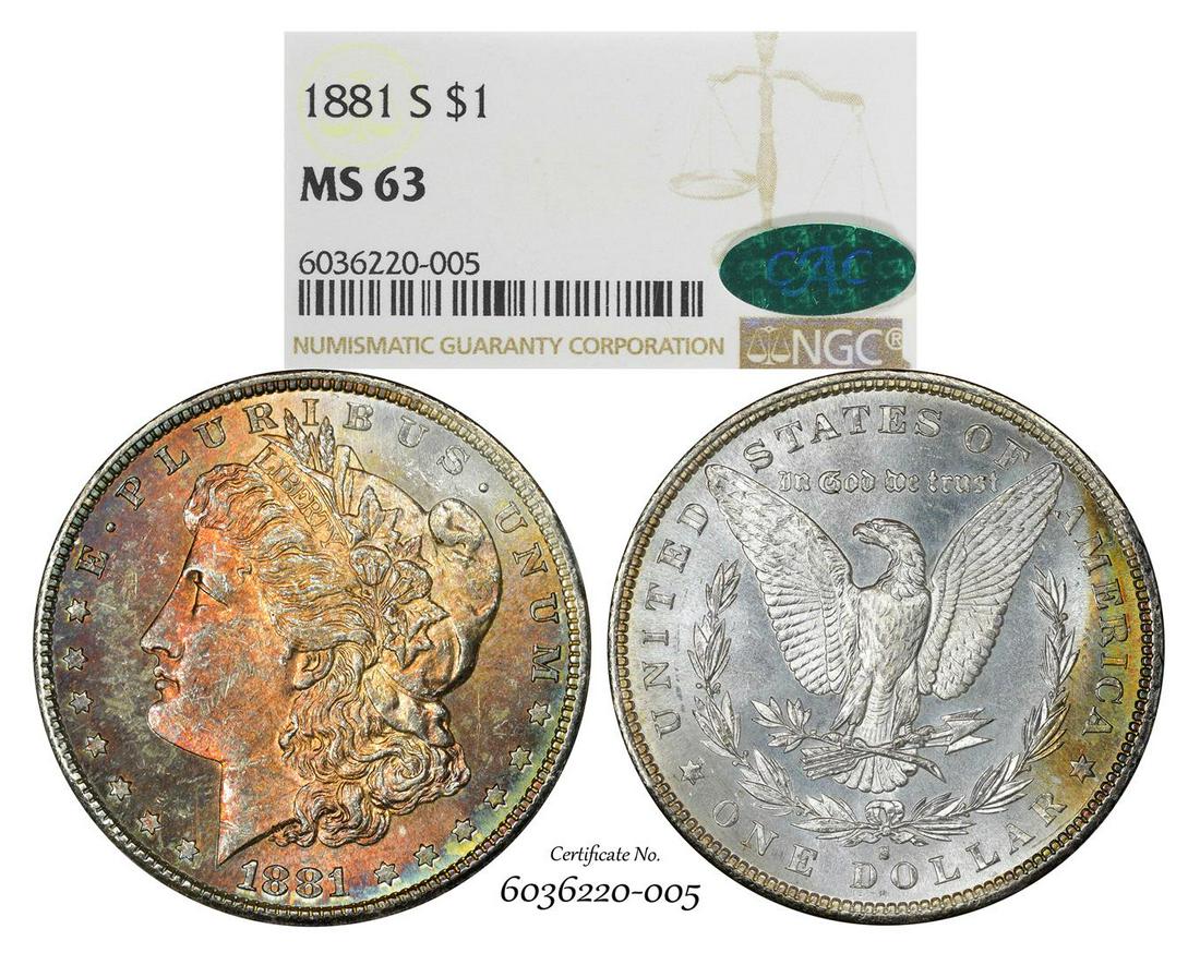 1881-S $1 Morgan Silver Dollar Coin NGC MS63 CAC: One 1881-S $1 Morgan Silver Dollar Coin NGC MS63 CAC Amazing Toning. NGC Certified.