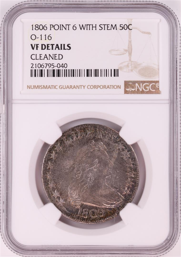 1806 Point 6 with Stem Draped Bust Half Dollar Coin NGC: One 1806 Point 6 with Stem Draped Bust Half Dollar Coin NGC VF Details O-116. NGC Certified.