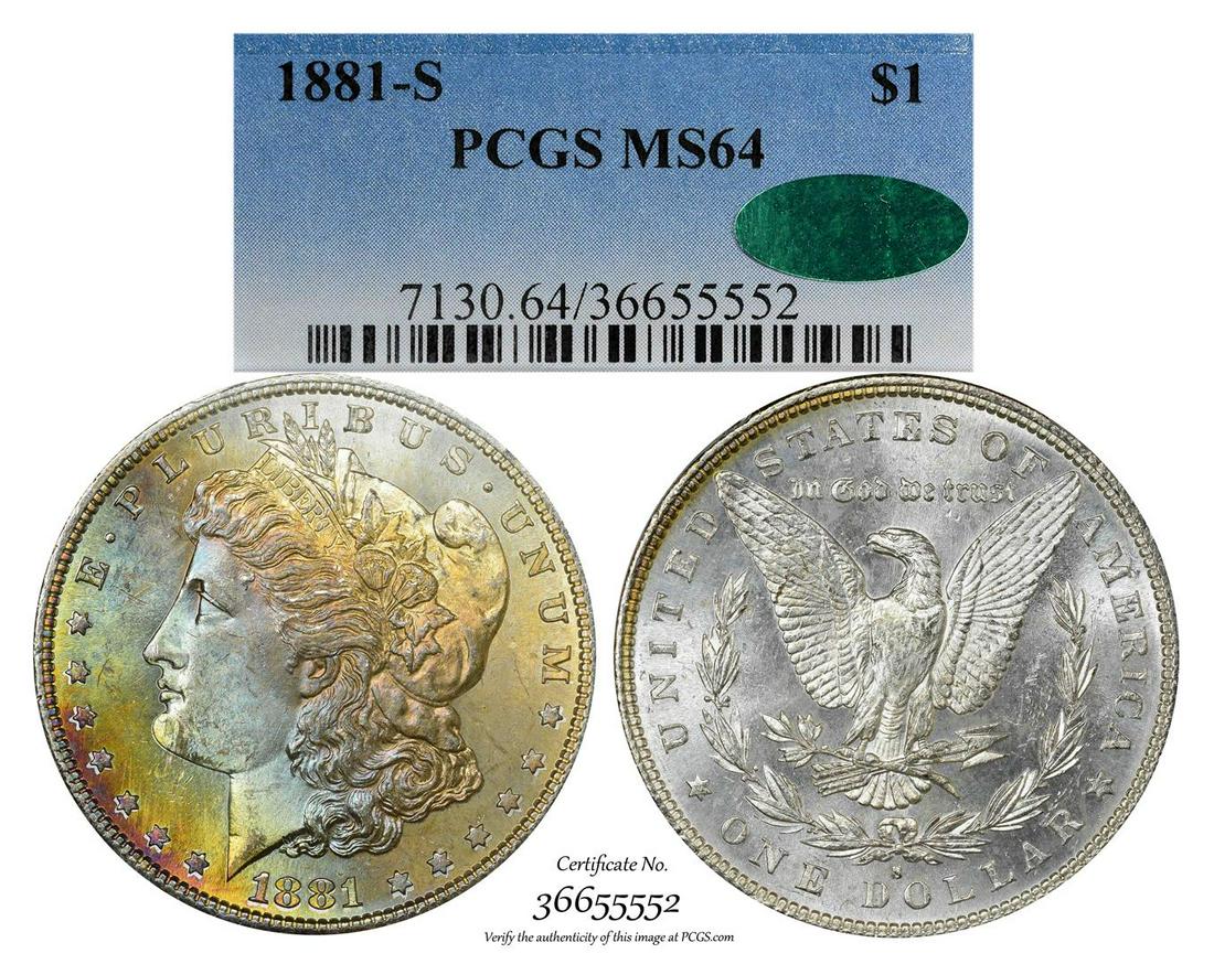 1881-S $1 Morgan Silver Dollar Coin PCGS MS64 CAC: One 1881-S $1 Morgan Silver Dollar Coin PCGS MS64 CAC Amazing Toning. PCGS Graded.