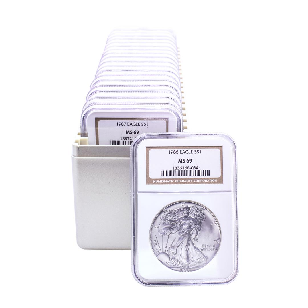 1986-2004 American Silver Eagle (20) Coin Set NGC MS69: One 1986-2004 American Silver Eagle (20) Coin Set NGC MS69. NGC Certified.