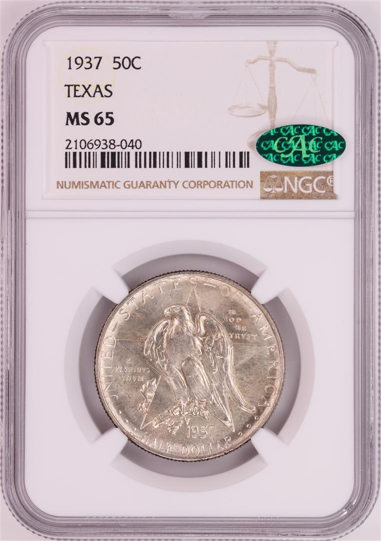 1937 Texas Independence Centennial Commemorative Half: One 1937 Texas Independence Centennial Commemorative Half Dollar Coin NGC MS65 CAC. NGC Certified.