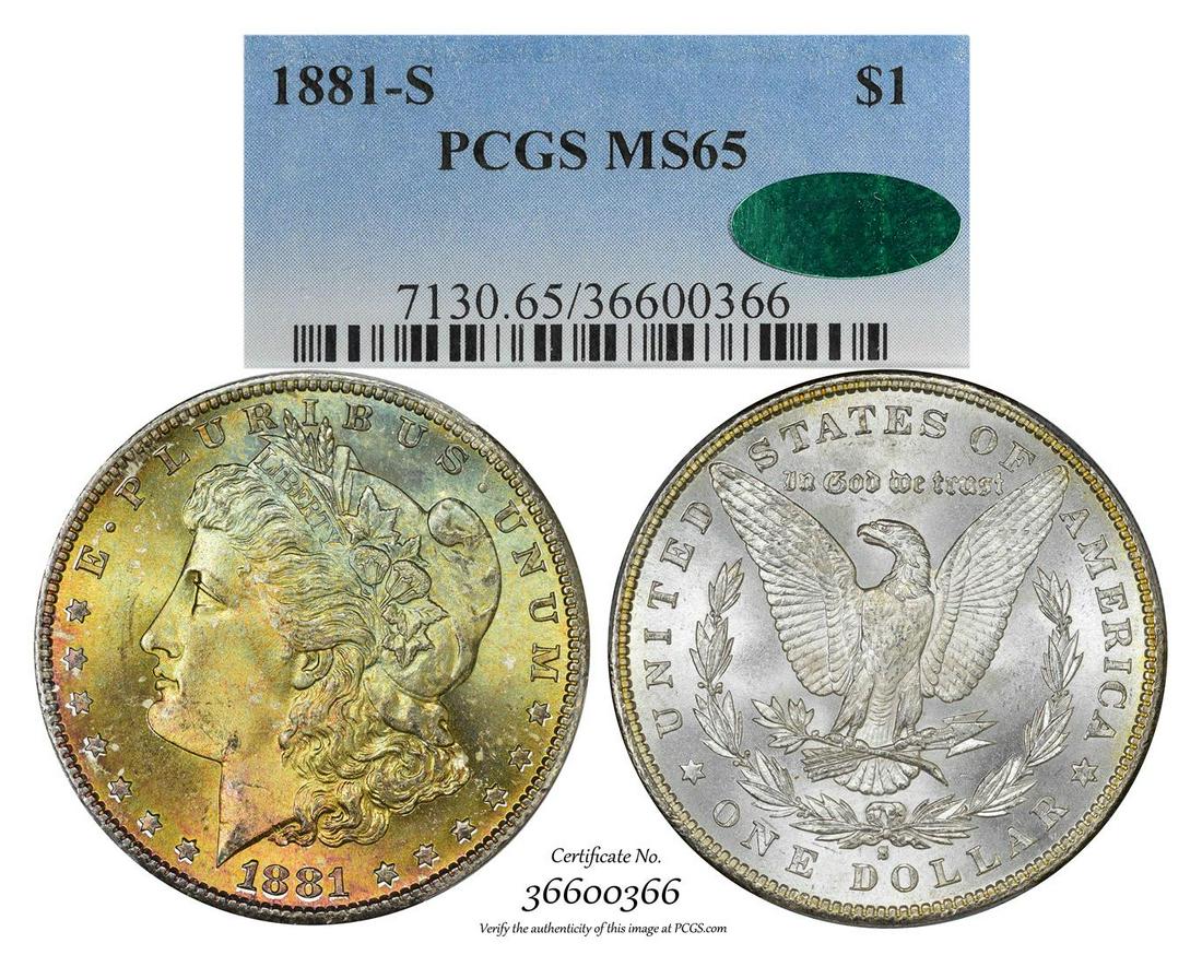 1881-S $1 Morgan Silver Dollar Coin PCGS MS65 CAC: One 1881-S $1 Morgan Silver Dollar Coin PCGS MS65 CAC Amazing Toning. PCGS Graded.