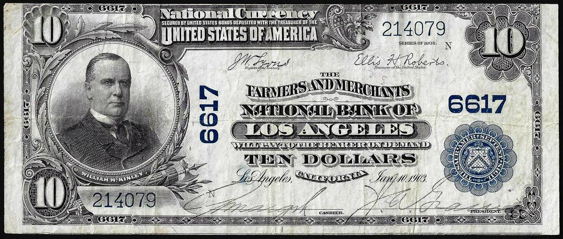 1902PB $10 Farmers and Merchants NB of Los Angeles, CA: One 1902PB $10 Farmers and Merchants NB of Los Angeles, CA CH# 6617 National Currency Note.