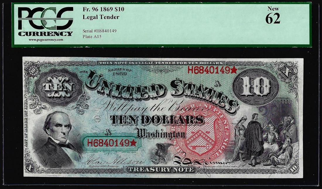 1869 $10 Rainbow Jackass Legal Tender Note Fr.96 PMG