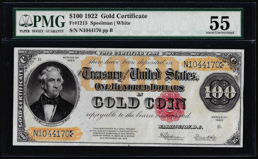 1922 $100 Gold Certificate Note Fr.1215 PMG About