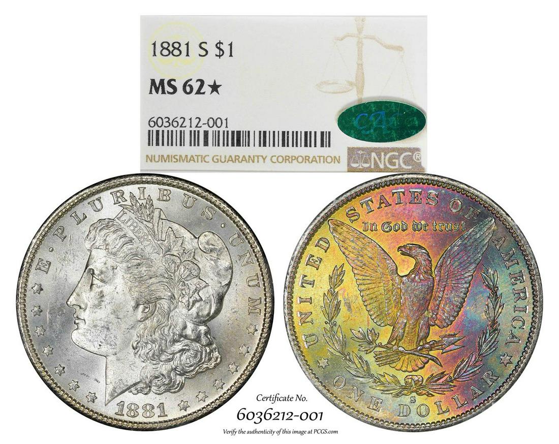 1881-S $1 Morgan Silver Dollar Coin NGC MS62* Star CAC: One 1881-S $1 Morgan Silver Dollar Coin NGC MS62* Star CAC Amazing Toning. NGC Certified.