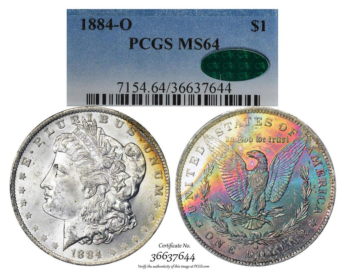 1884-O $1 Morgan Silver Dollar Coin PCGS MS64 CAC: One 1884-O $1 Morgan Silver Dollar Coin PCGS MS64 CAC Amazing Toning. PCGS Graded.
