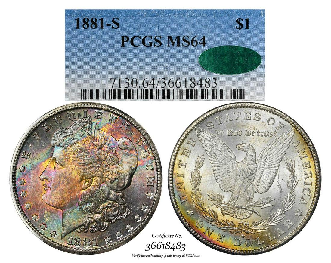 1881-S $1 Morgan Silver Dollar Coin PCGS MS64 CAC: One 1881-S $1 Morgan Silver Dollar Coin PCGS MS64 CAC Amazing Toning. PCGS Graded.