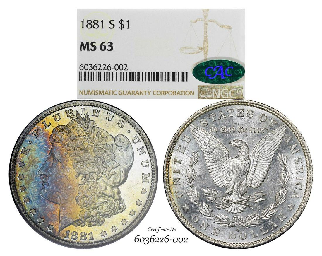 1881-S $1 Morgan Silver Dollar Coin NGC MS63 CAC: One 1881-S $1 Morgan Silver Dollar Coin NGC MS63 CAC Amazing Toning. NGC Certified.