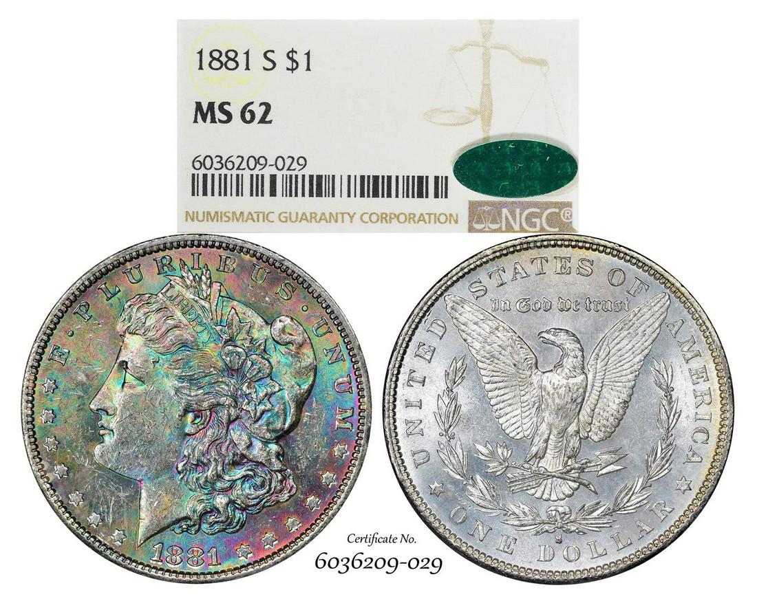 1881-S $1 Morgan Silver Dollar Coin NGC MS62 CAC: One 1881-S $1 Morgan Silver Dollar Coin NGC MS62 CAC Amazing Toning. NGC Certified.