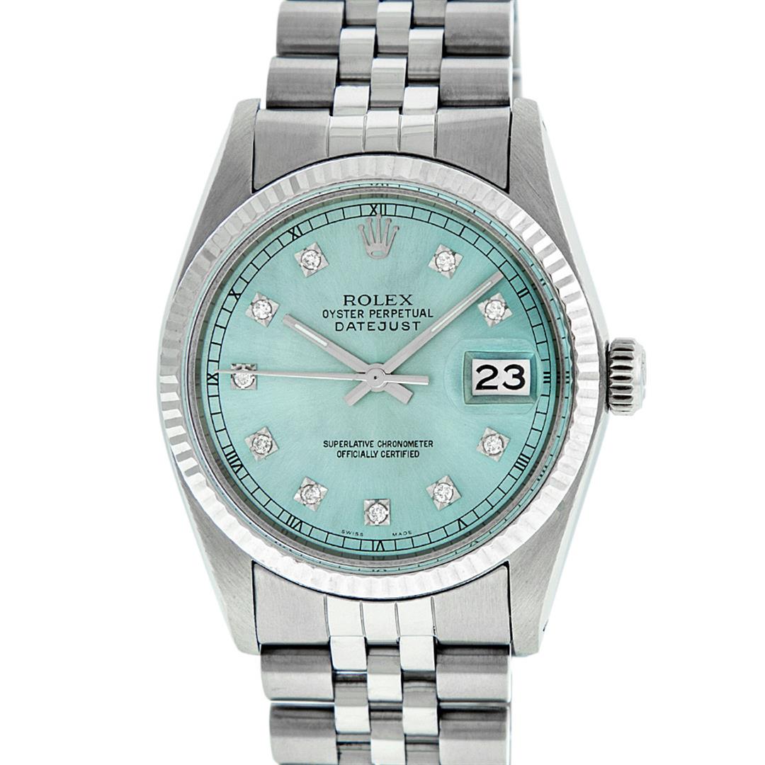 Rolex Men's Stainless Steel Ice Blue Diamond Oyster: One Men's Stainless Steel Rolex Datejust Polished Bright with Satin Finish, This Watch Has Been Serviced & Electronically Tested, Stainless Steel Case: 36mm, Stainless Steel Crown, Bezel: 14K White Go