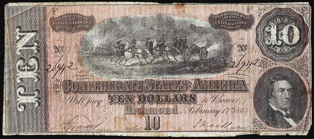 1864 $10 Confederate States of America Note: One 1864 $10 Confederate States of America Note.