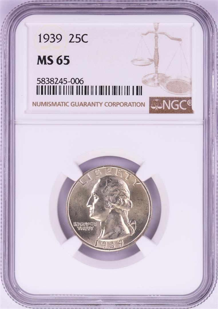 1939 Washington Quarter Coin NGC MS65: One 1939 Washington Quarter Coin NGC MS65. NGC Certified.