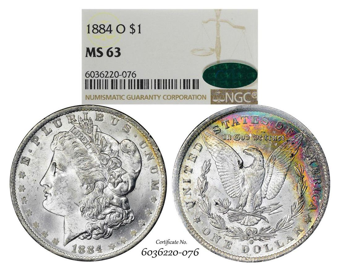 1884-O $1 Morgan Silver Dollar Coin NGC MS63 CAC: One 1884-O $1 Morgan Silver Dollar Coin NGC MS63 CAC Amazing Toning. NGC Certified.