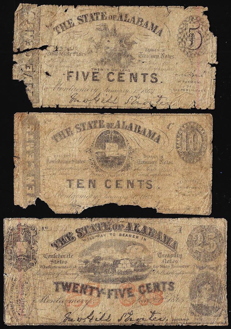Lot of 1863 5/10/25 Cents State of Alabama Obsolete: One Lot of 1863 5/10/25 Cents State of Alabama Obsolete Currency Notes.