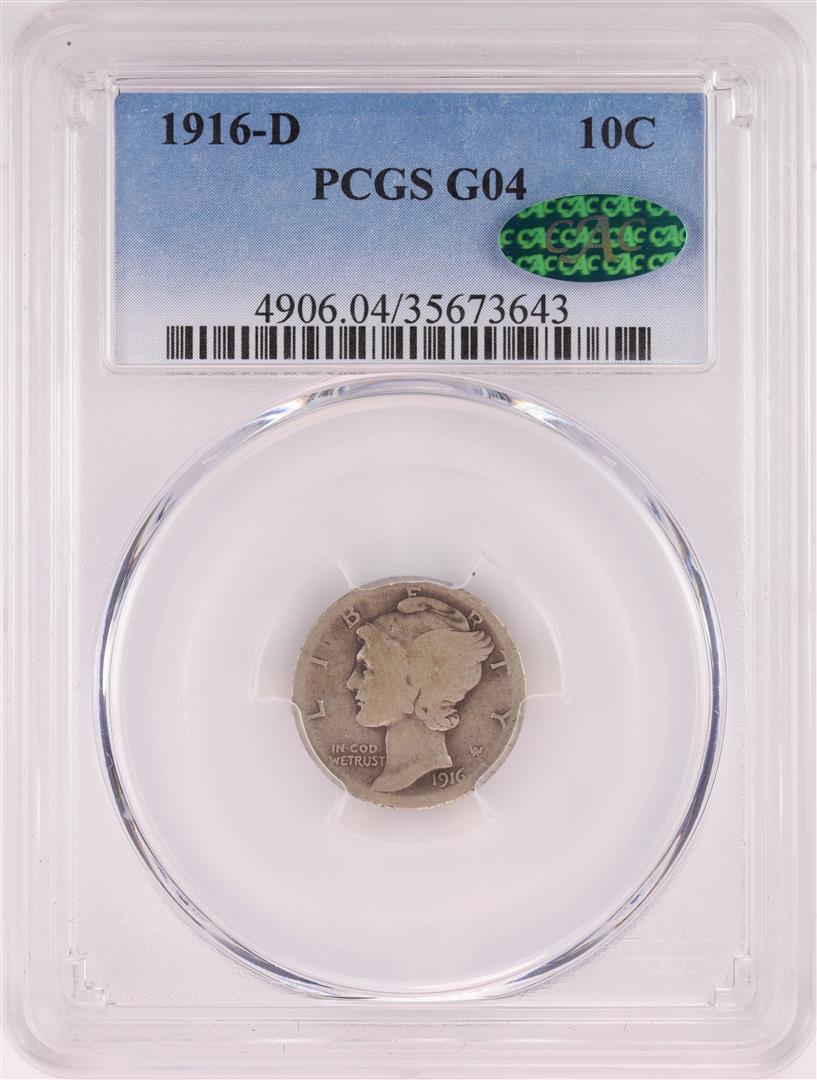 1916-D Mercury Dime Coin PCGS G04 CAC: One 1916-D Mercury Dime Coin PCGS G04 CAC. PCGS Graded.