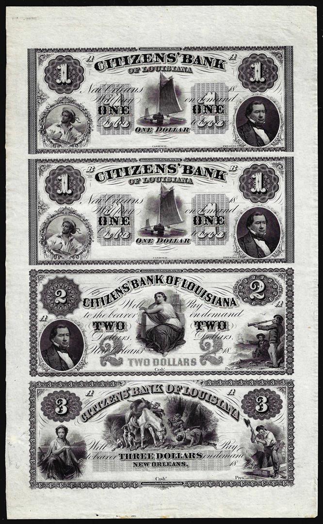 Uncut Sheet of $1/$1/$2/$3 1800's Citizens Bank of: One Uncut Sheet of $1/$1/$2/$3 1800's Citizens Bank of Louisiana Obsolete Notes.