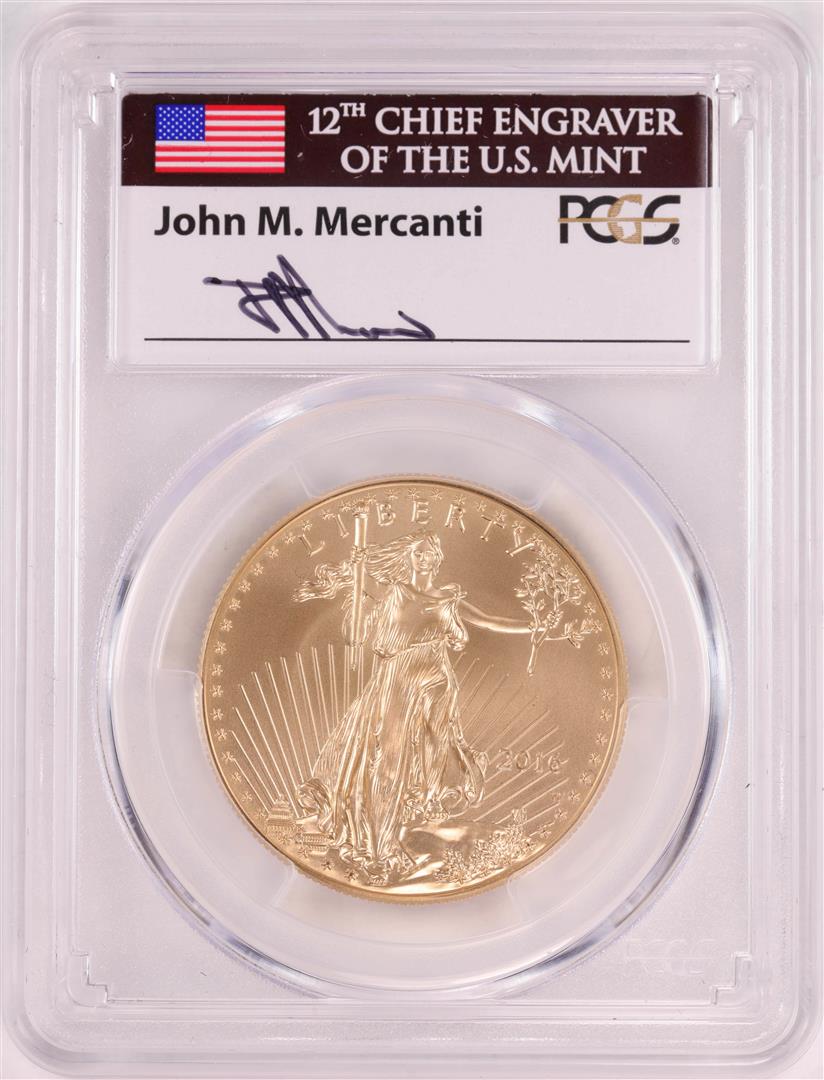 2016-W $50 Burnished American Gold Eagle Coin PCGS SP70: One 2016-W $50 Burnished American Gold Eagle Coin PCGS SP70 John Mercanti Signature. PCGS Graded.