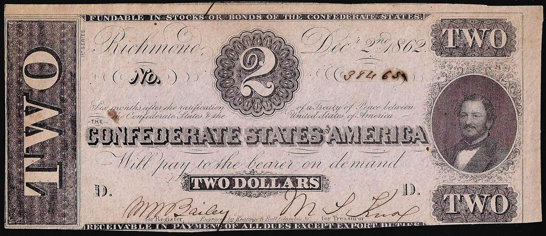 1862 $2 Confederate States of America Note: One 1862 $2 Confederate States of America Note.