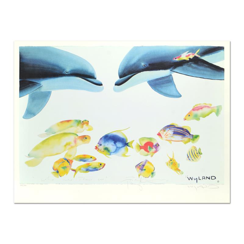 Wyland "Who Invited These Guys?" Limited Edition: "Who Invited These Guys?" is a limited edition lithograph on paper by Wyland and Tracy Taylor, numbered and hand signed by Wyland and Taylor. Includes Letter of Authenticity. Measure approx. 33.5" x 2