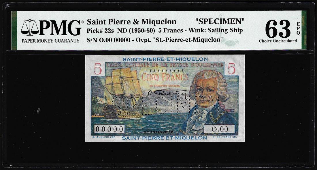 1950-1960 Saint Pierre & Miquelon 5 Francs Specimen: One 1950-1960 Saint Pierre & Miquelon 5 Francs Specimen Note Pick# 22s PMG Choice Uncirculated 63EPQ. PMG Certified.