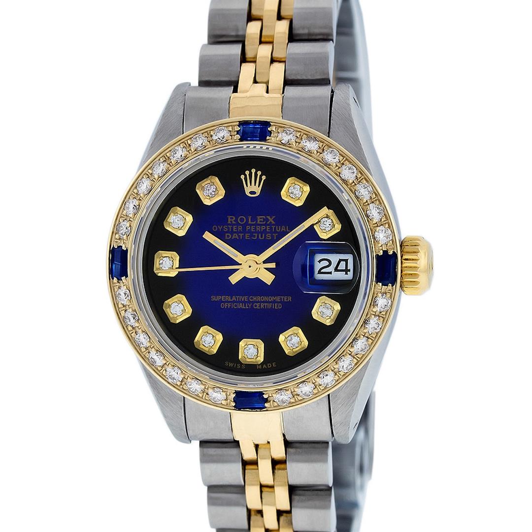 Rolex Ladies Two Tone Diamond & Sapphire Oyster: One Ladies Two Tone Rolex Datejust Polished, Serviced & Electronically Tested, Yellow Gold & Stainless Steel Case: 26mm, Yellow Gold Crown, Custom Bezel: New 18K Yellow Gold Sapphire Beadset Diamond B