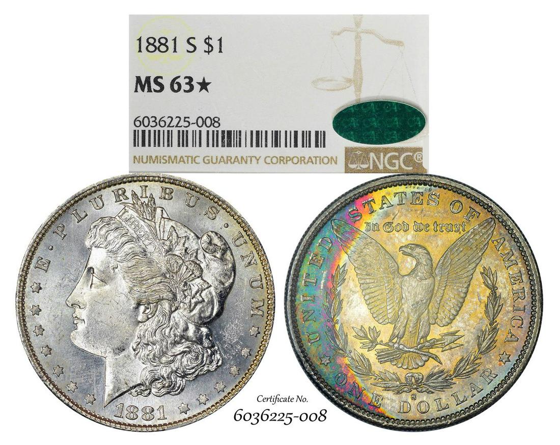 1881-S $1 Morgan Silver Dollar Coin NGC MS63* Star CAC: One 1881-S $1 Morgan Silver Dollar Coin NGC MS63* Star CAC Amazing Toning. NGC Certified.