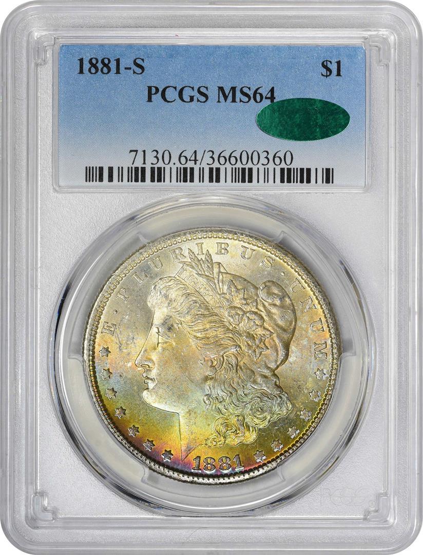 1881-S $1 Morgan Silver Dollar Coin PCGS MS64 CAC: One 1881-S $1 Morgan Silver Dollar Coin PCGS MS64 CAC Amazing Toning.