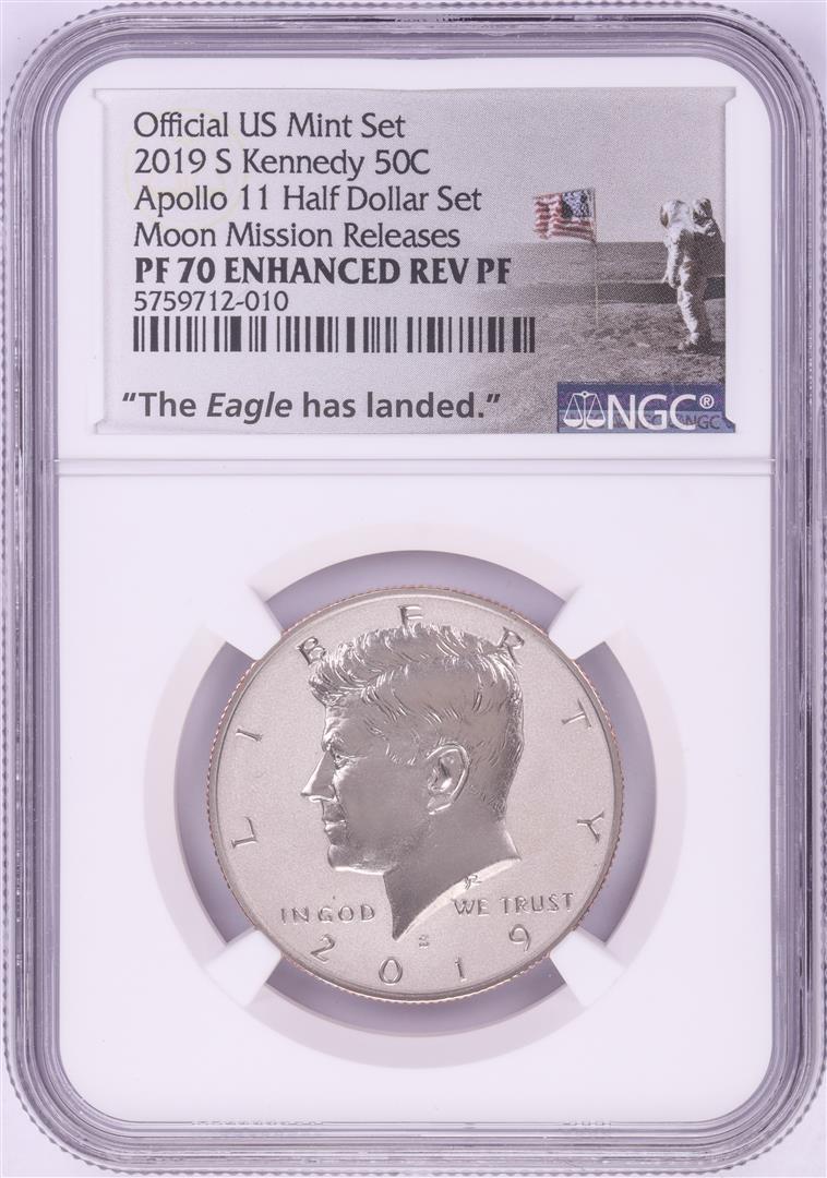 2019-S Proof Kennedy Half Dollar Coin NGC PF70 Enhanced: One 2019-S Proof Kennedy Half Dollar Coin NGC PF70 Enhanced Reverse Apollo Moon Releases. NGC Certified.