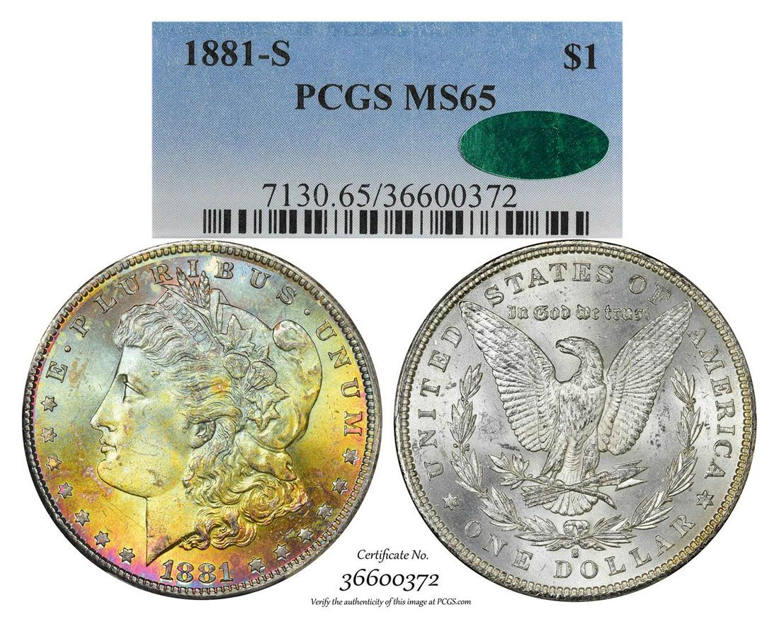 1881-S $1 Morgan Silver Dollar Coin PCGS MS65 CAC: One 1881-S $1 Morgan Silver Dollar Coin PCGS MS65 CAC Amazing Toning. PCGS Graded.
